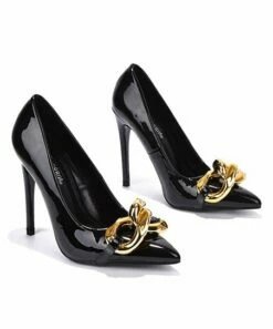 Deals ⭐ Cape Robbin Black Chain-Accent Pointed-Toe Pump - 👩 Women 🧨