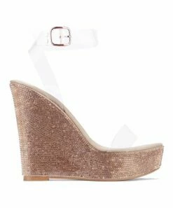 Discount 🧨 Cape Robbin Beige Clear-Strap Rhinestone Wedge 🩴 Sandal - 👩 Women 🧨