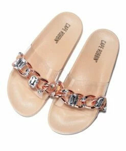 Buy 🌟 Cape Robbin Beige Rhinestone Chain-Accent Slide - 👩 Women 🥰