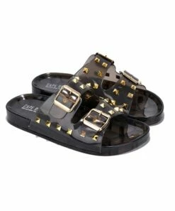 Buy 🤩 Cape Robbin Black Studded Double-Buckle Jelly 🩴 Sandal - 👩 Women 🎉