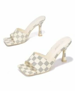 Best deal ⌛ Cape Robbin Off-White Checkerboard Square-Toe Heeled 🩴 Sandal - 👩 Women 😀