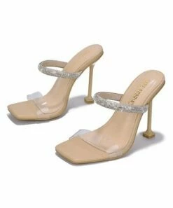 Buy 👏 Cape Robbin Beige Rhinestone Square-Toe Heeled 🩴 Sandal - 👩 Women 👍