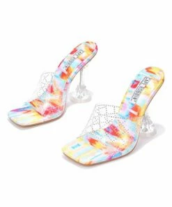 Flash Sale 🔥 Cape Robbin Blue & Yellow Abstract Rhinestone-Accent Quit Heeled 🩴 Sandal - 👩 Women 🔥