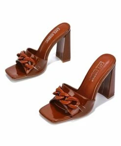 Budget 🎉 Cape Robbin Brown Chain-Accent Square-Toe Heeled 🩴 Sandal - 👩 Women ⌛