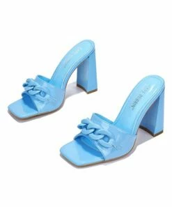 Outlet 🧨 Cape Robbin Blue Chain-Accent Square-Toe Heeled 🩴 Sandal - 👩 Women ⌛