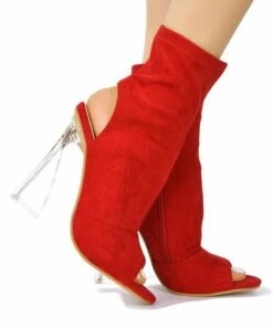 Hot Sale 🥰 Cape Robbin Red & Transparent Back-Cutout Suede Peep-Toe Bootie - 👩 Women 💯