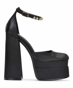 Outlet 👏 Cape Robbin Black Rhinestone-Accent Ankle-Strap Block-Heel Platform Pump - 👩 Women 🎁